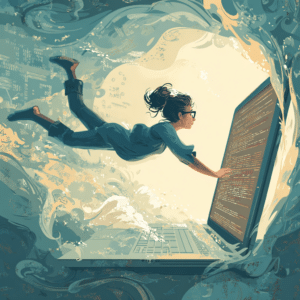 Woman diving into her laptop, which shows source code.