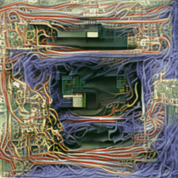 Abstract art showing two systems with many different wires connecting them.